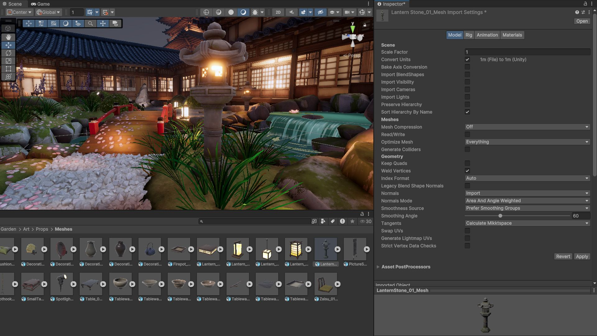 3D-сцена японского сада в Unity